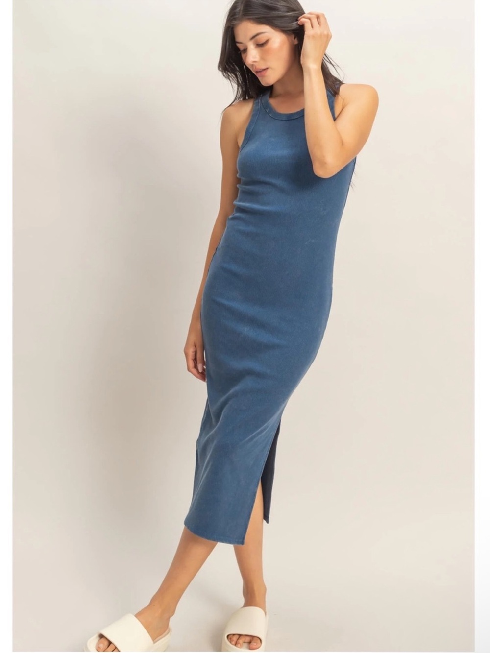 NEW Double Zero Navy Blue Acid Wash Ribbed Slit Racerback Midi Dress – Large